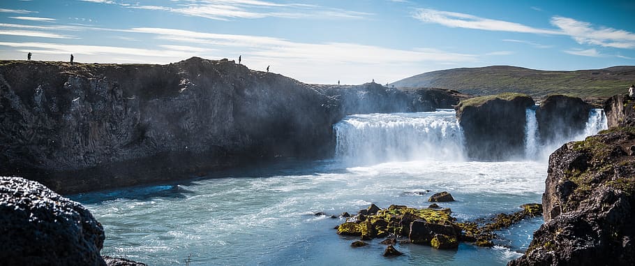 iceland, goðafoss waterfall, stream, sky, tourists, people HD wallpaper