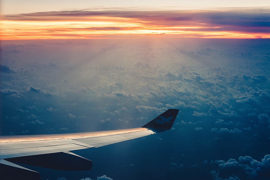 sky, cloudscape, plane, landscape, sunset, travel, cloud - sky HD wallpaper