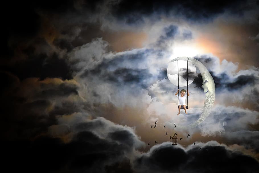 swing, child, moon, clouds, painting, graphic, art, sky, cloud - sky HD wallpaper