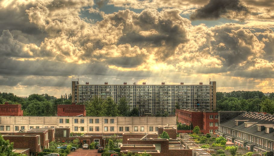 White High Rise Buildings Surrounding Trees, city, clouds, cloudy HD wallpaper