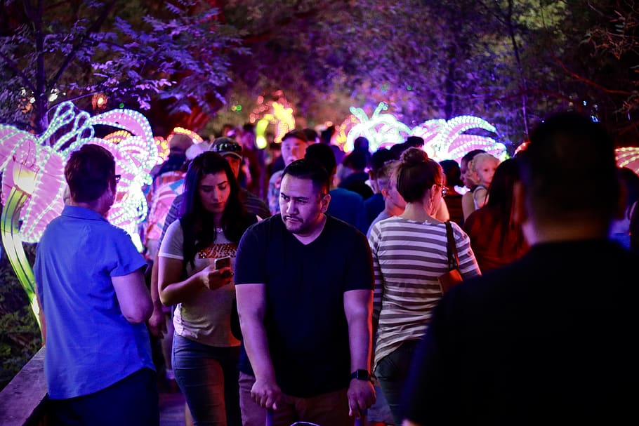 People Walking In A Park , crowd, crowded, lights, man, street HD wallpaper