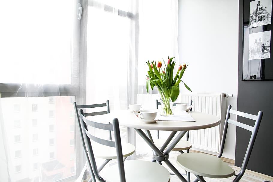 Empty Chairs Beside Table With Tulip Flowers, comfort, design HD wallpaper