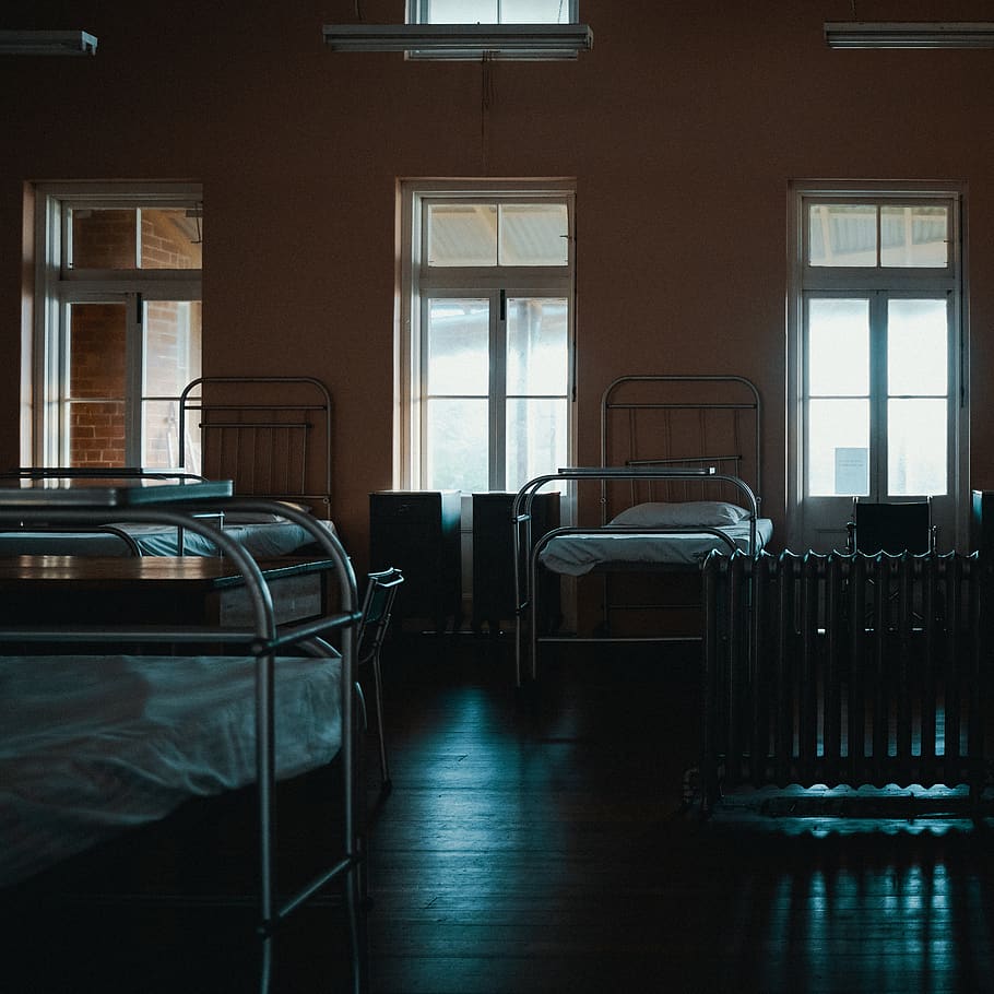 empty beds inside room, window, chair, seat, indoors, absence HD wallpaper