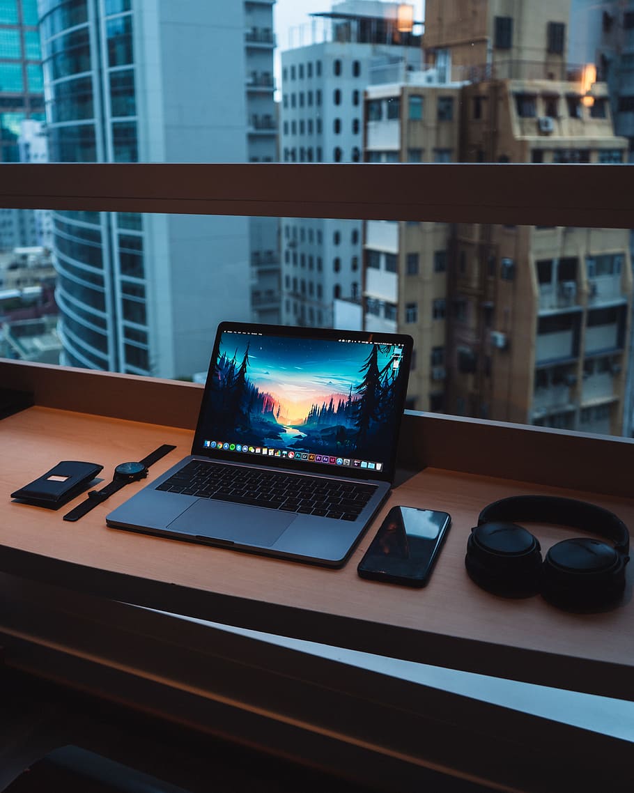 MacBook Pro, computer, window, building, glass, tech, technology, HD wallpaper