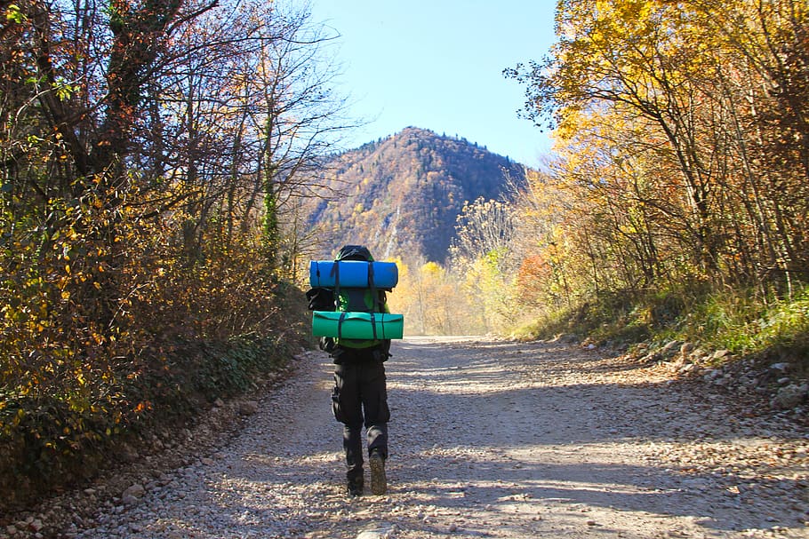 camping, backpack, mountains, adventure, nature, man, tourism HD wallpaper