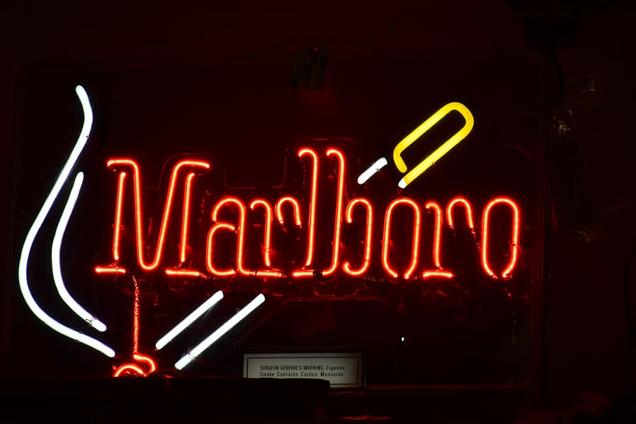 red and white neon lighted Marlboro signage, vehicle, fire truck