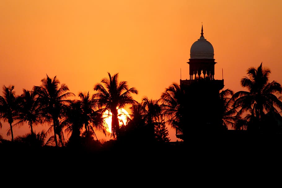 india, kolhapur, rankala lake, palace, sunset, dawn, silhouette