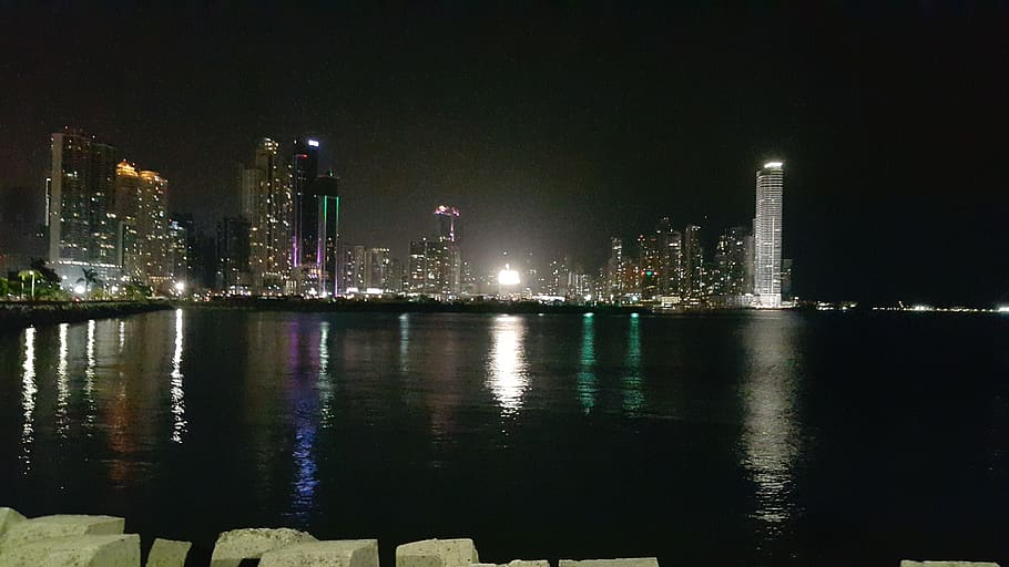 panama, cinta costera, ocean, city lights, cityscape, night, HD wallpaper