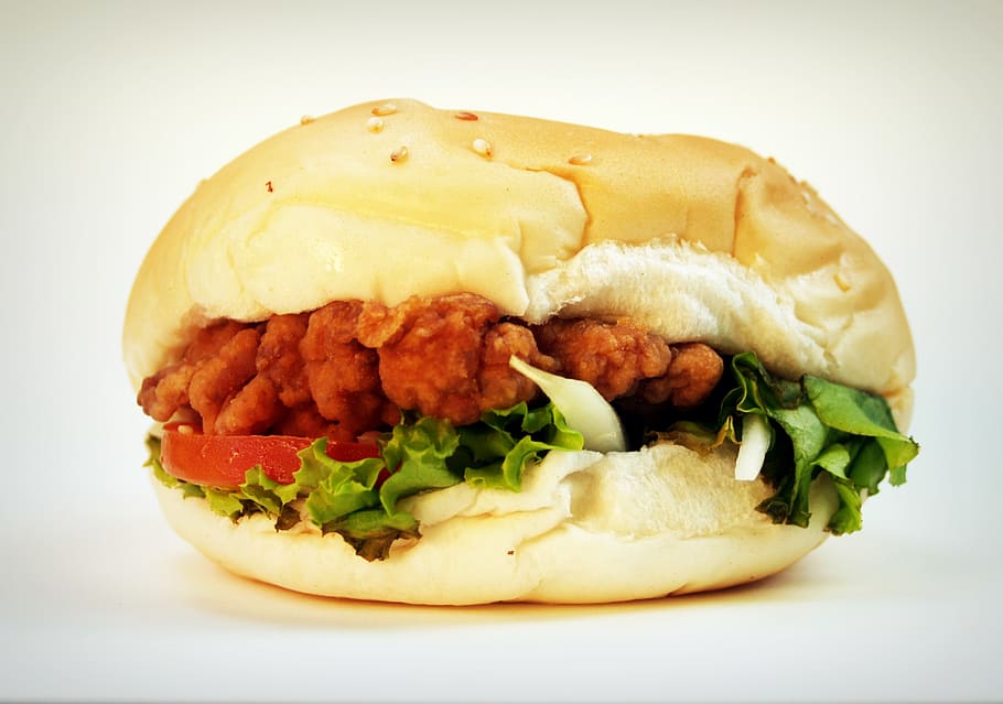Burger, background, bread, bun, chicken, classic, close-up, colorful, HD wallpaper