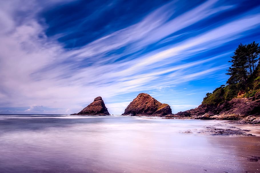 Time-lapse Photo of Seashore, beach, beautiful, clouds, dawn HD wallpaper