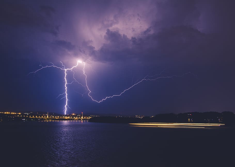 lightning over city, storm, night, power in nature, cloud - sky HD wallpaper