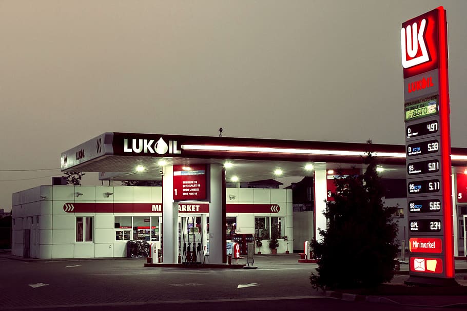 romania, cluj-napoca, sunset, gas station, sky, lights, gasoline, HD wallpaper