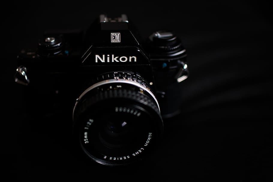 black Nikon camera on black textile, electronics, digital camera, HD wallpaper