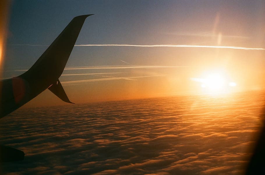 sky, fly, sunset, wind, clouds, airplane, air vehicle, mode of transportation HD wallpaper
