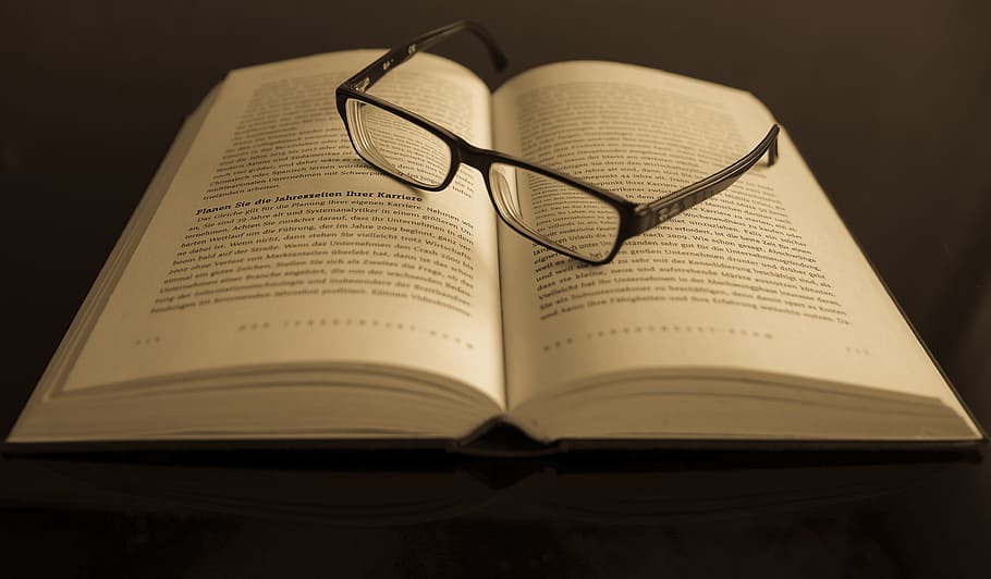Black Frame Eyeglass in White Printed Book Page, eyeglasses, eyewear HD wallpaper