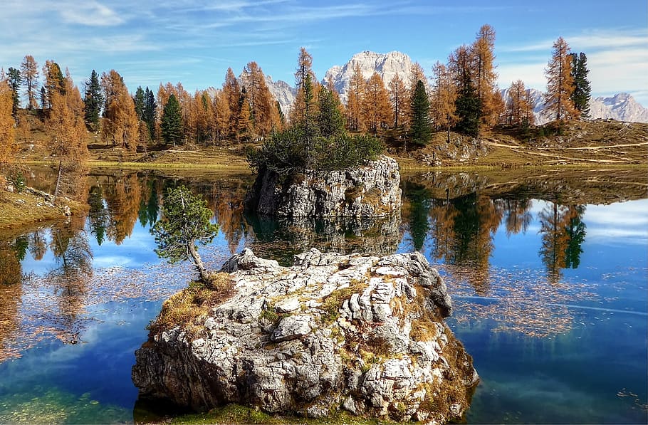 lago federa, sorapis, dolomites, mountains, nature, italy, landscape, HD wallpaper