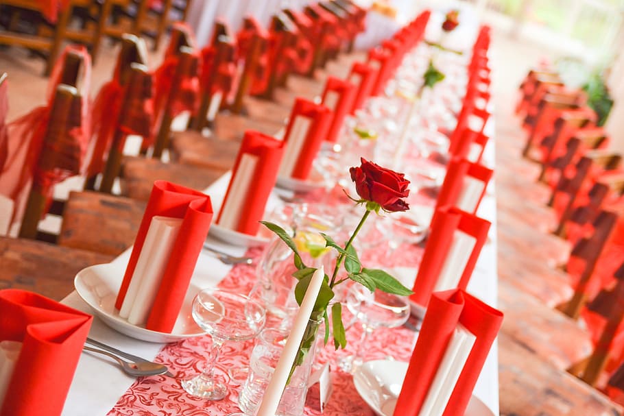 Table at Wedding, various, red, in a row, seat, no people, place of worship HD wallpaper