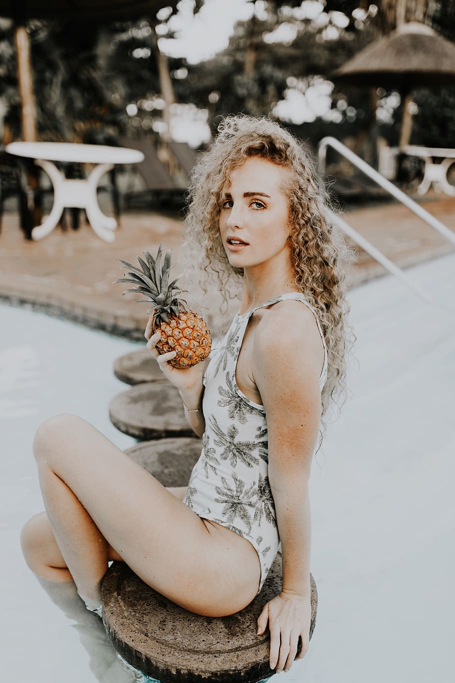woman wearing monokini holding pine apple fruit, plant, pineapple