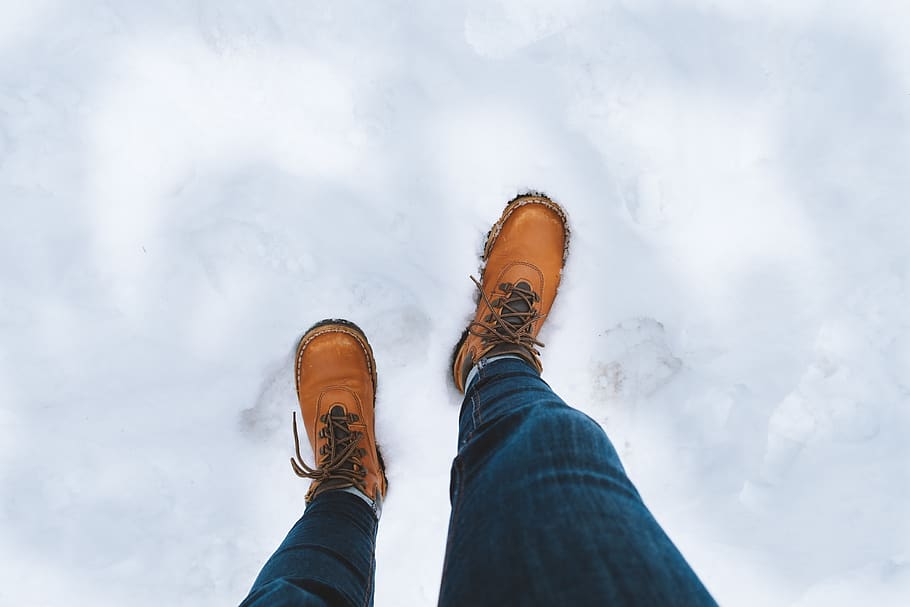 man wearing brown boots walking in icy surface, clothing, apparel, HD wallpaper