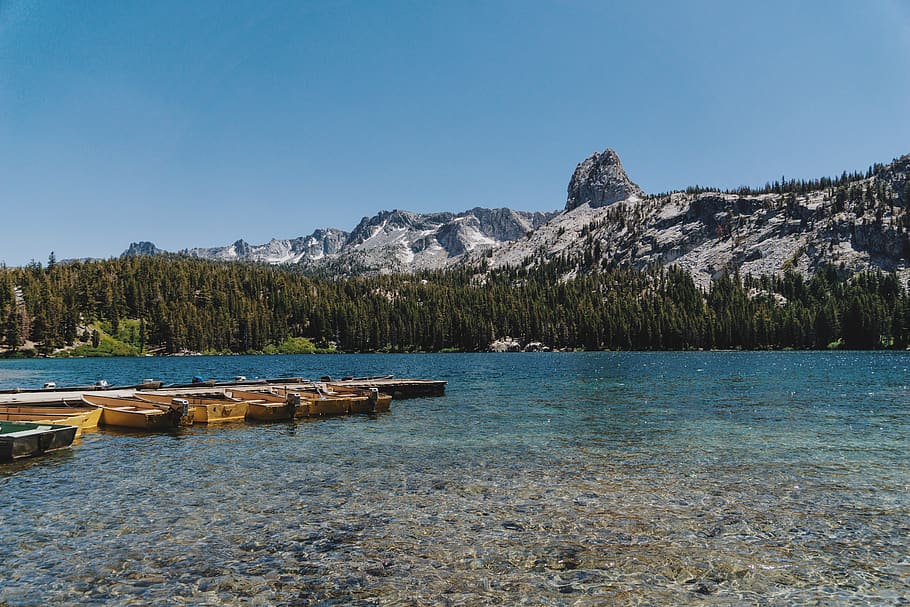 harbor, dock, boat, mammoth, snow, tree, forest, mountain, sky HD wallpaper