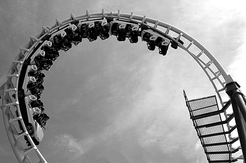 roller coaster, ride, thrill, monochrome, black and white, fun HD wallpaper
