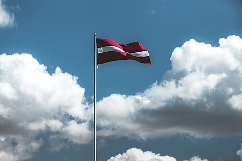 red and white striped flag, symbol, sky, cloud, sunlight, blue HD wallpaper