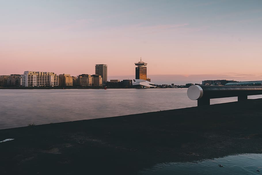 netherlands, amsterdam, sunset, architecture, water, long exposure HD wallpaper