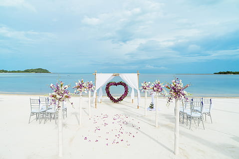 beach, wedding, venue, preparation, sea, ocean, sand, blue HD wallpaper