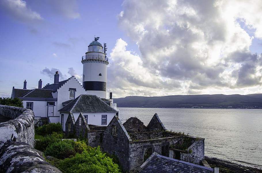 White and Black Lighthouse, architecture, building, castle, clouds HD wallpaper