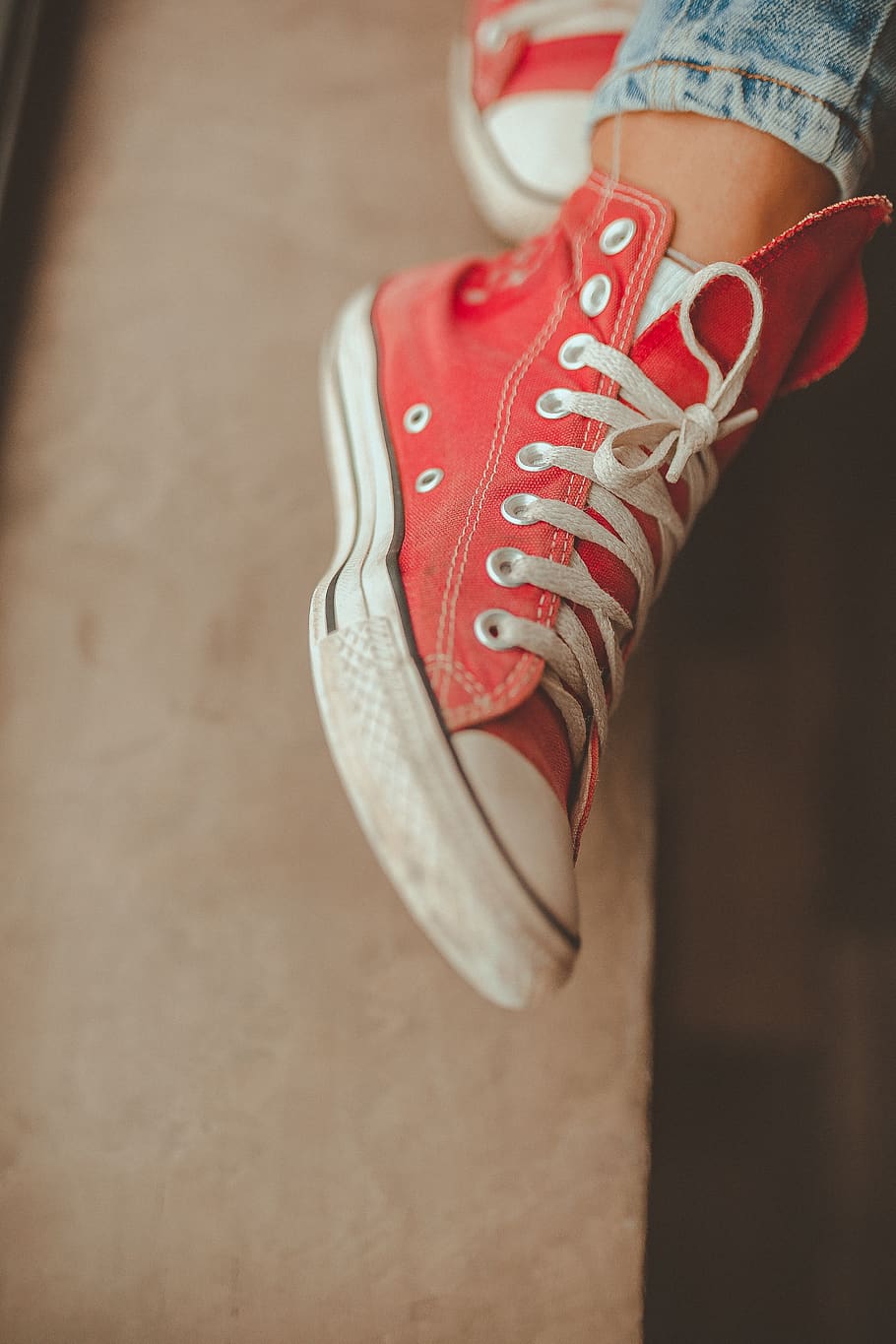Person Wearing White-and-red High-top Sneaker, close-up, colors