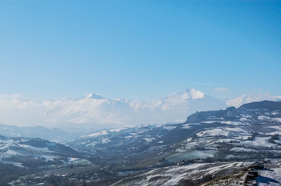 sibillini, snow, winter, upstream, sky, landscape, italy, mountains HD wallpaper