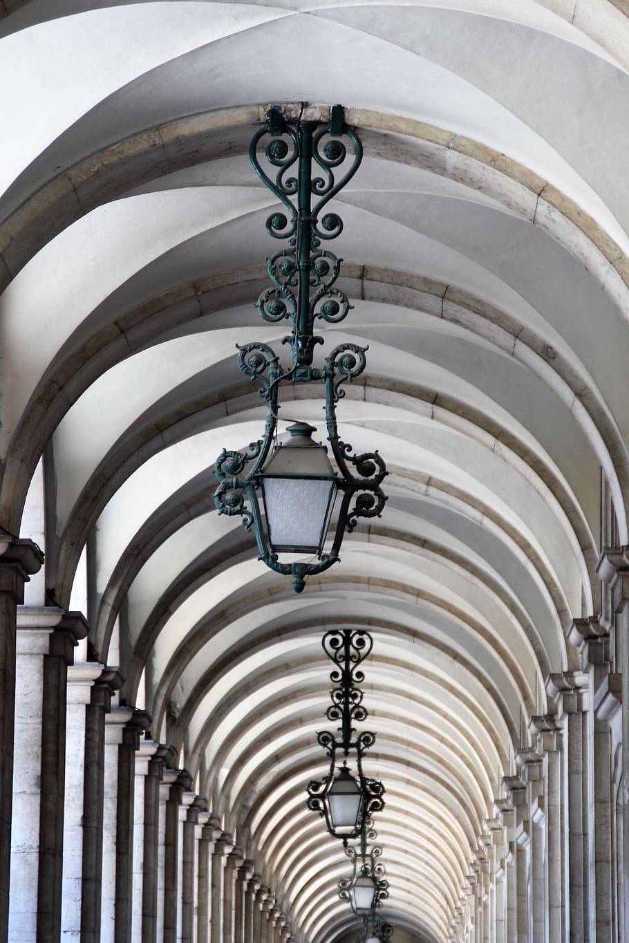 arcade, lamps, shining, lighting, columnar, building, antique HD wallpaper