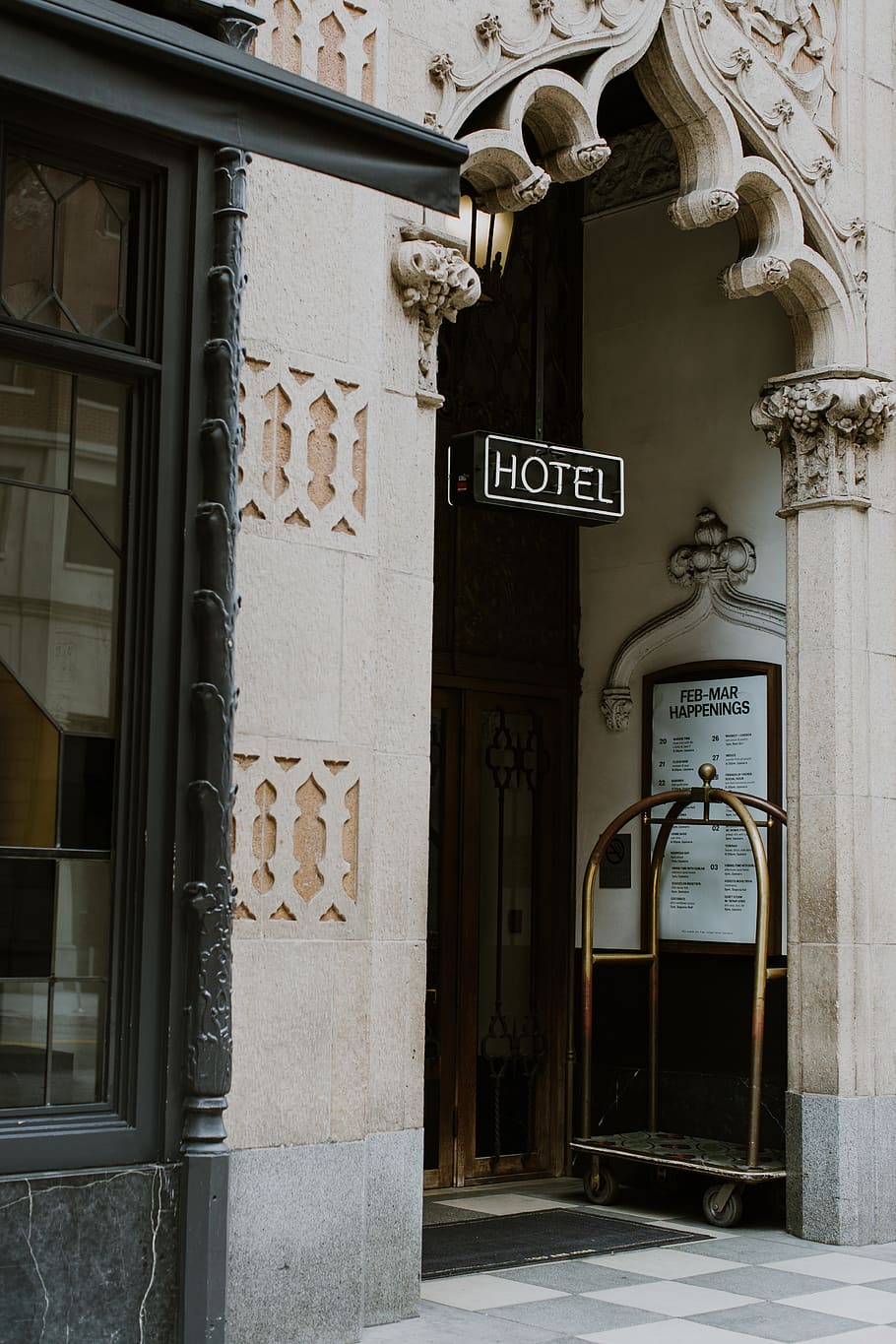 brown trolley under Hotel sign, architecture, built structure HD wallpaper