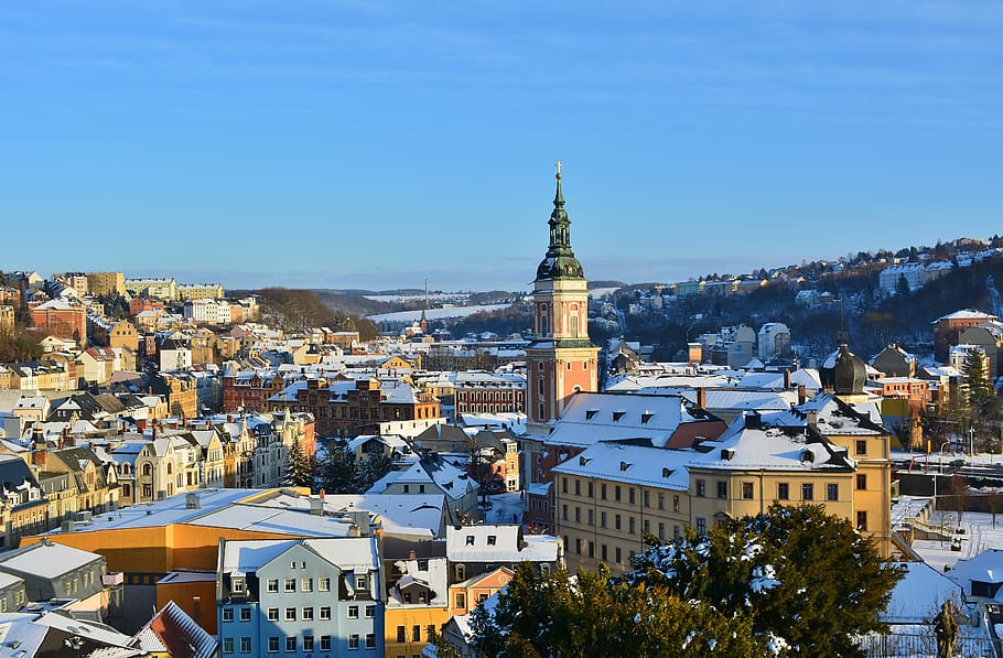 winter, sunset, cold, thuringia germany, greiz, building exterior HD wallpaper