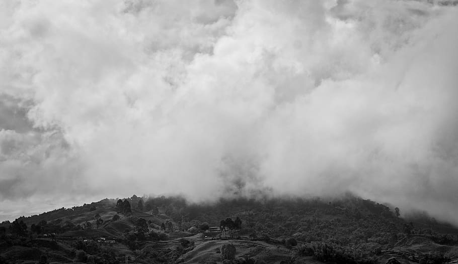 clouds, mountain, nature, black and white, heaven, contrast HD wallpaper
