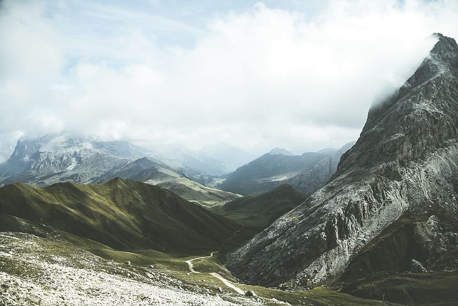 green mountain under white clouds, ridge, range, cloudy, blue HD wallpaper