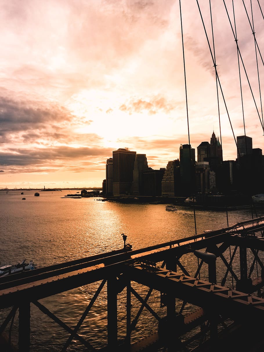 Scenic View of City During Dawn, architecture, bridge, brooklyn bridge HD wallpaper