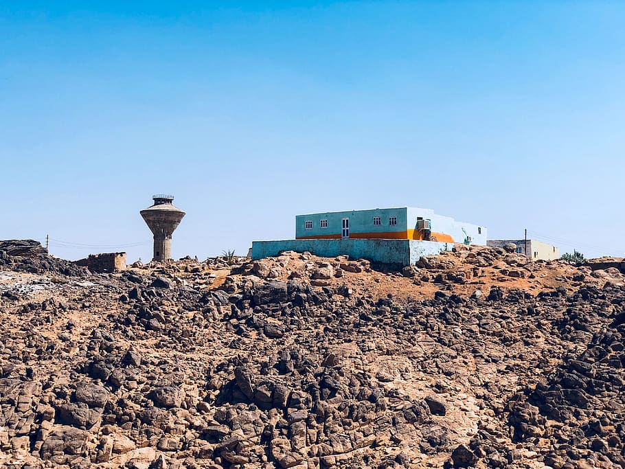 teal concrete structure, egypt, building, aswan, soil, rock, blue HD wallpaper