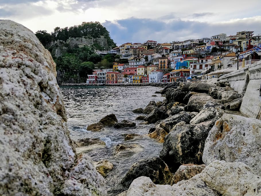 parga, sea, rocks, clouds, sky, homes, water, architecture HD wallpaper