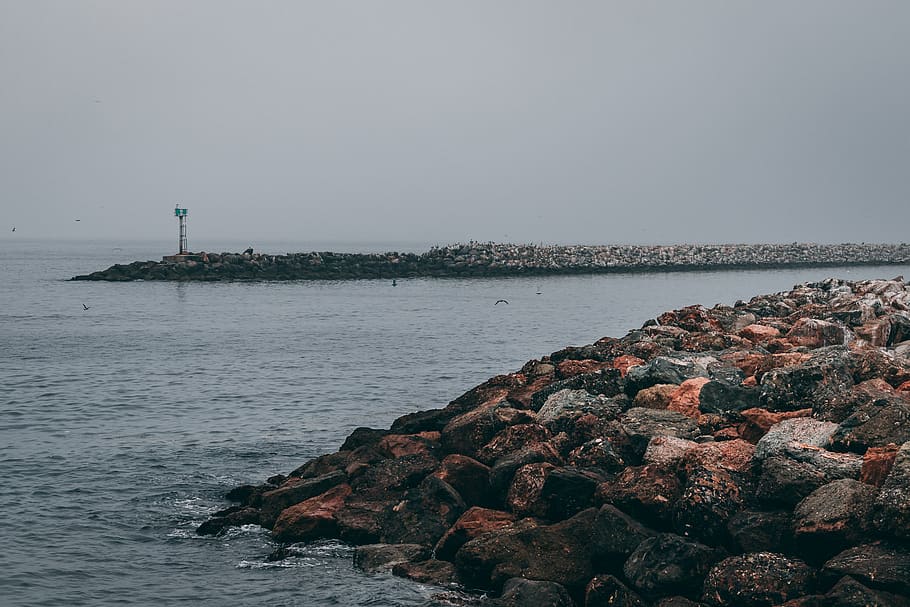 ocean, sea, pier, waves, rocks, birds, moody, background, water HD wallpaper