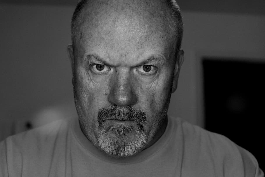black, white, gray, man, angry, mad, serious, beard, brow, older, HD wallpaper
