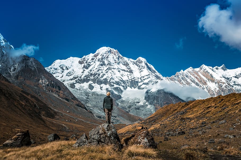 mountain, highland, landscape, rock, grass, people, man, alone HD wallpaper