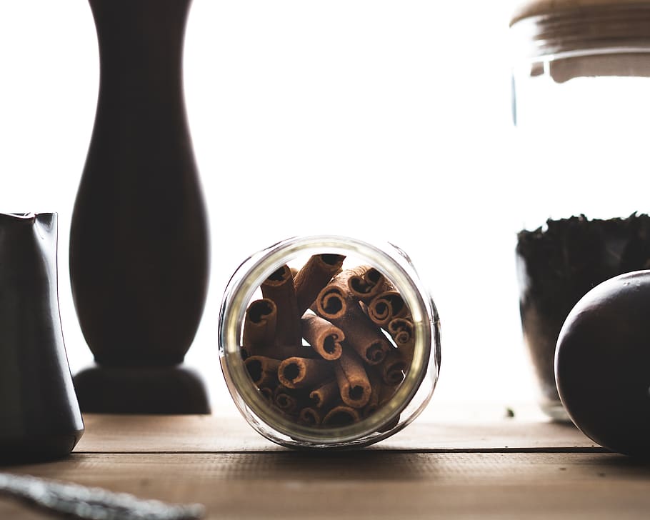 cinnamon inside glass jar, indoors, table, still life, close-up HD wallpaper
