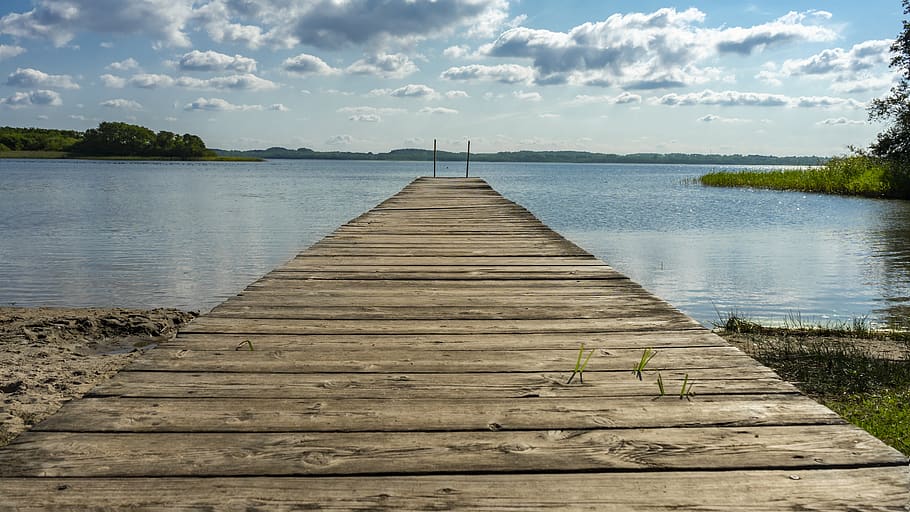web, boardwalk, nature, water, landscape, lake, rest, clouds HD wallpaper