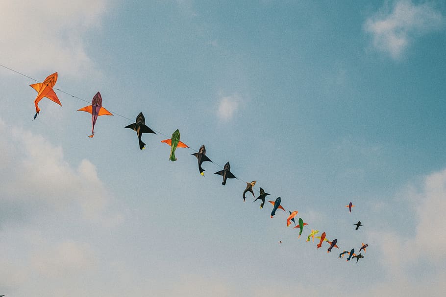 Assorted-color Kites, air, clouds, colorful, daytime, flying HD wallpaper