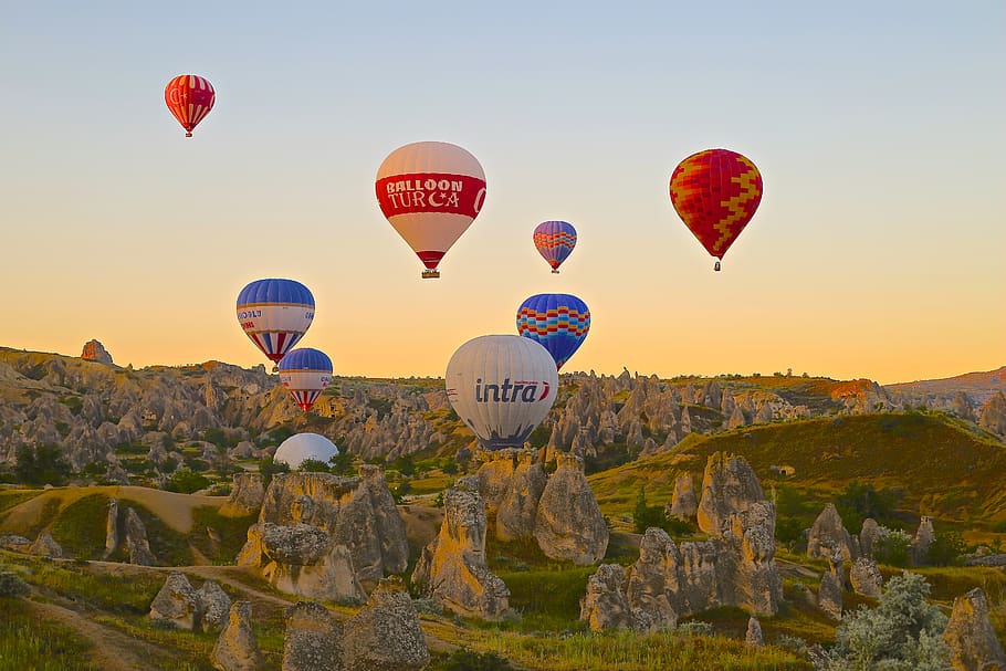 turkey, cappadocia, air vehicle, hot air balloon, transportation, HD wallpaper