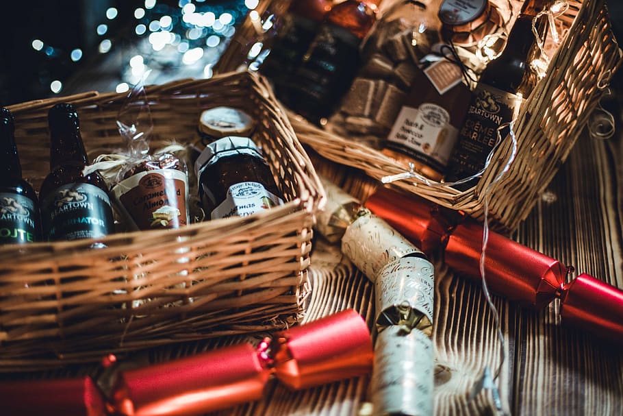 tow brown wicker baskets with bottles, container, indoors, no people HD wallpaper
