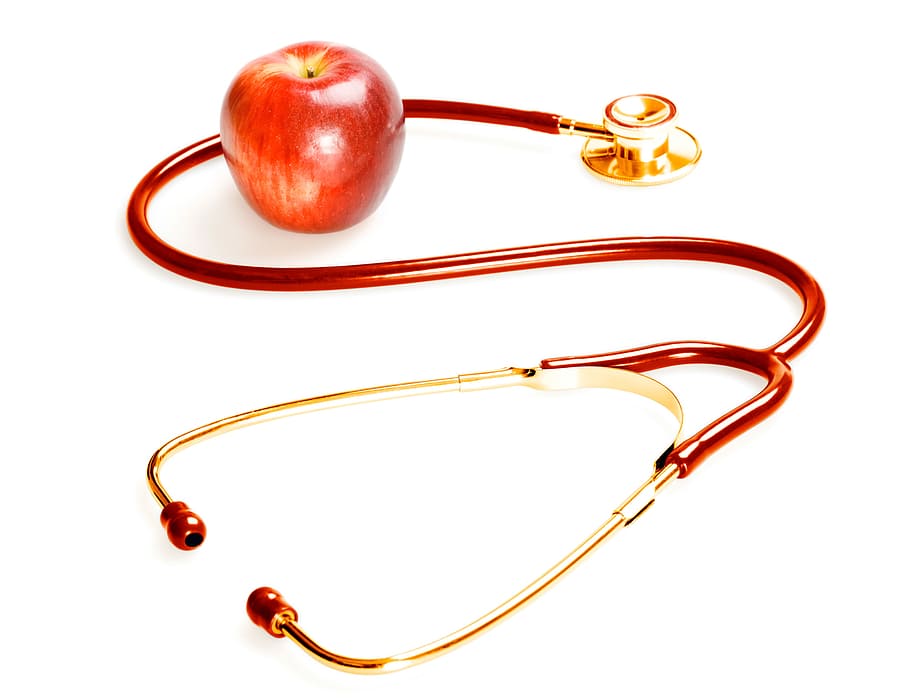 stethoscope, apple, background, cardiac, cardiology, care, closeup