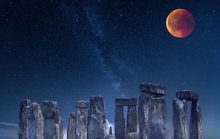 stonehenge, ancient, night, stars, milky way, moon, eclipse