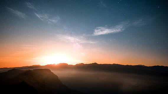 silhouette of mountains during sunrise, star, start, astronomy HD wallpaper